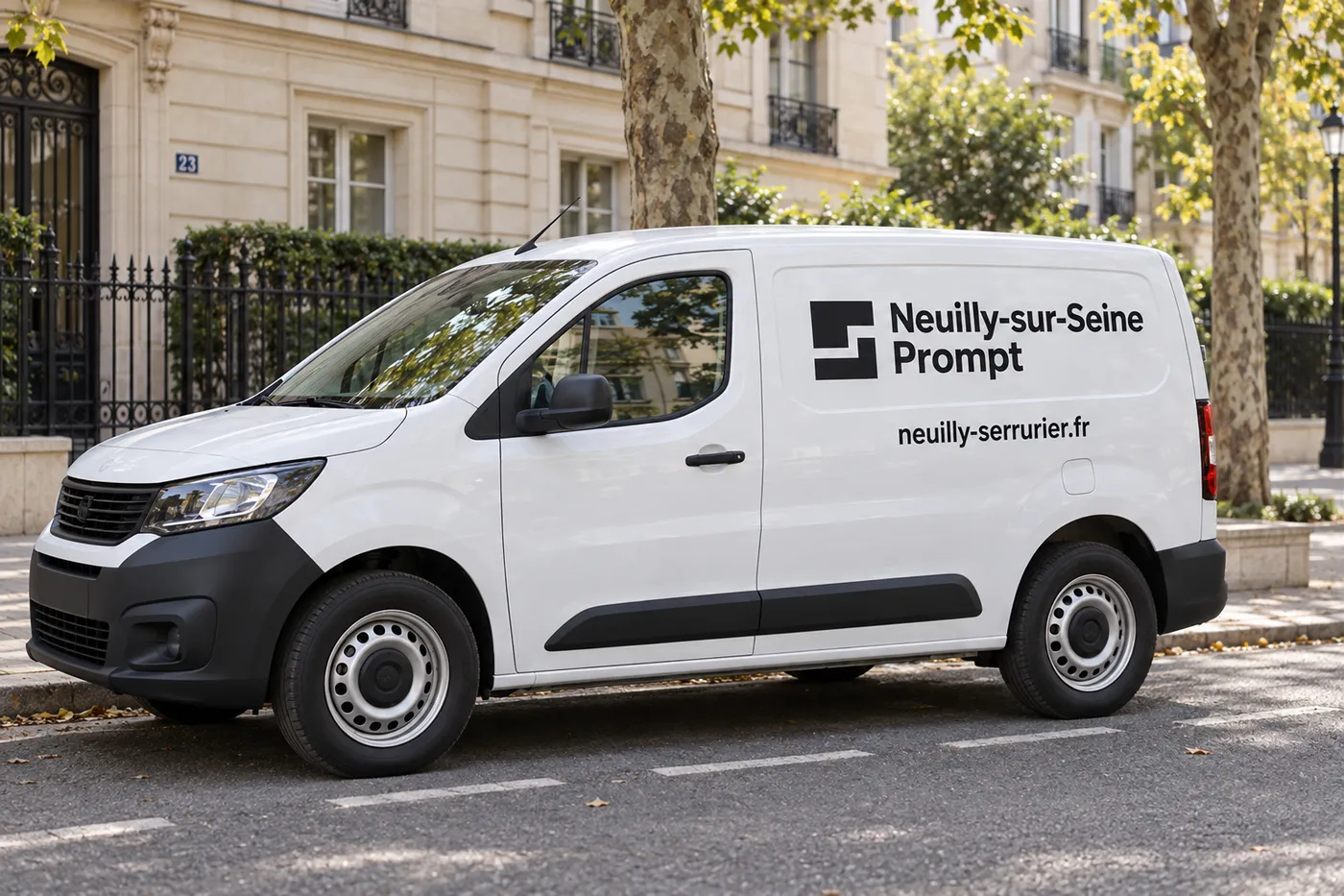 Camionnette blanche Neuilly-sur-Seine Prompt garée sur une avenue résidentielle de Neuilly-sur-Seine